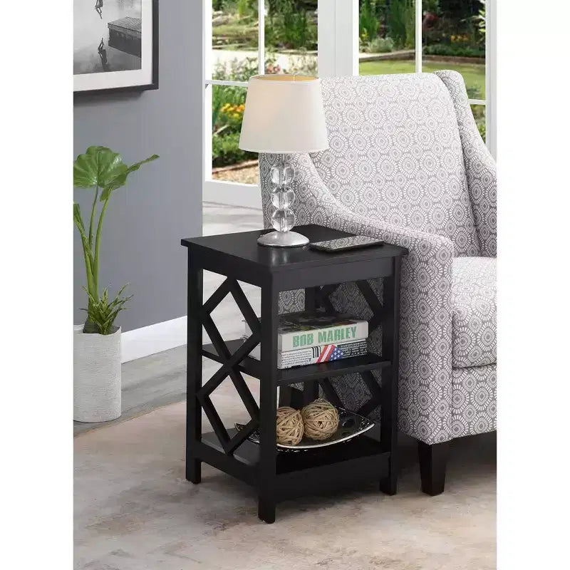 HomeStock Belmont Diamond End Table with Three Spacious Shelves; Contemporary Cut Out Design; Multi Purpose Storage Accent Table for Home Dcor
