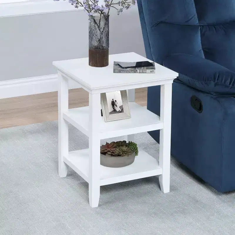HomeStock Belmont End Table with Shelves Modern Three-Tier Storage Accent Table Solid and Manufactured Wood Versatile Nightstand Table