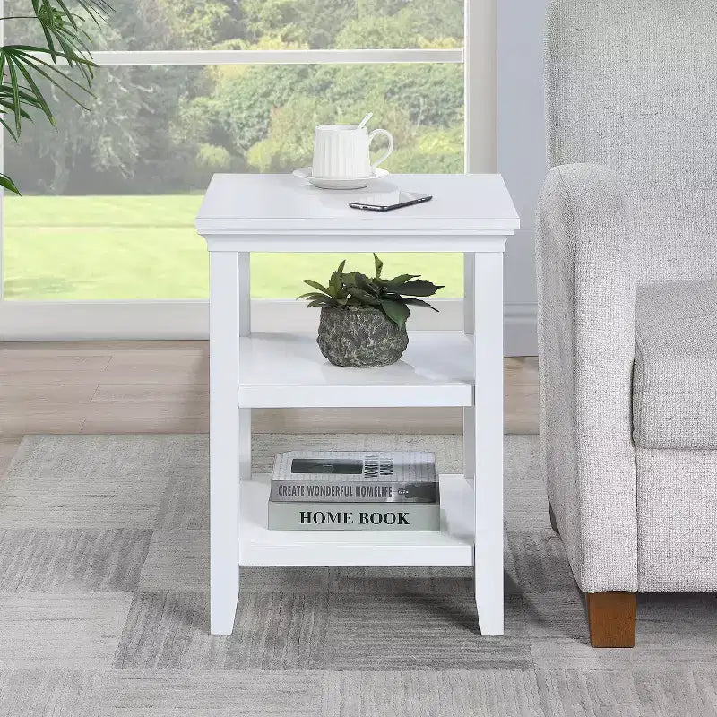 HomeStock Belmont End Table with Shelves Modern Three-Tier Storage Accent Table Solid and Manufactured Wood Versatile Nightstand Table