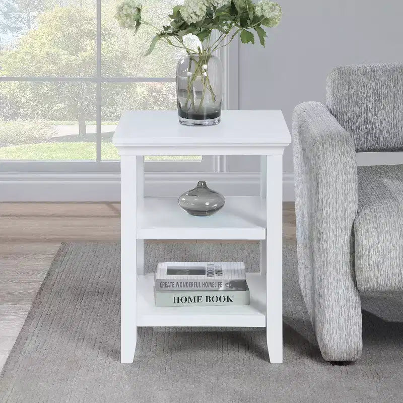 HomeStock Belmont End Table with Shelves Modern Three-Tier Storage Accent Table Solid and Manufactured Wood Versatile Nightstand Table