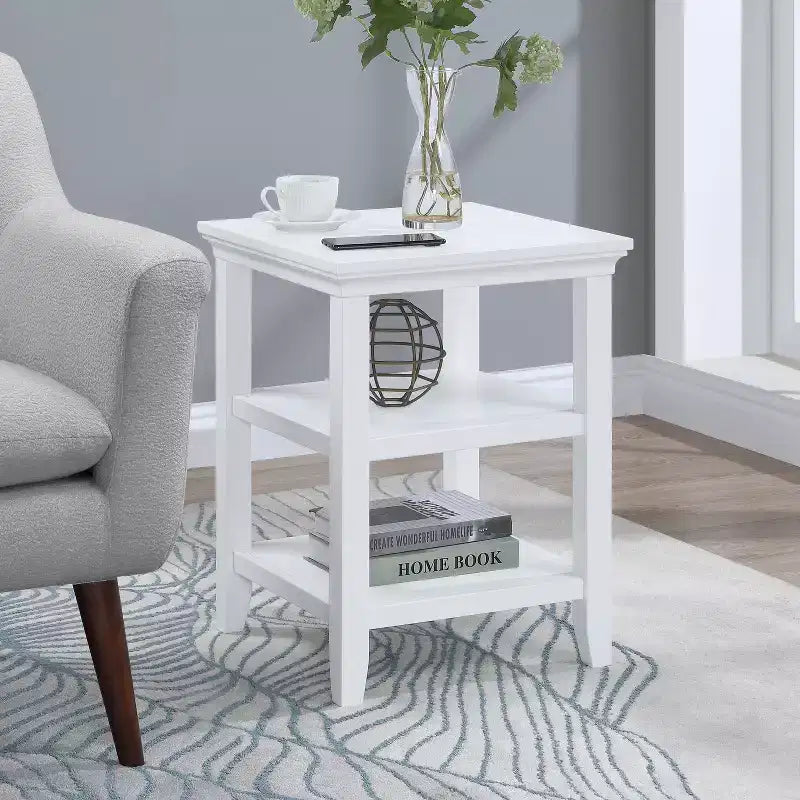 HomeStock Belmont End Table with Shelves Modern Three-Tier Storage Accent Table Solid and Manufactured Wood Versatile Nightstand Table