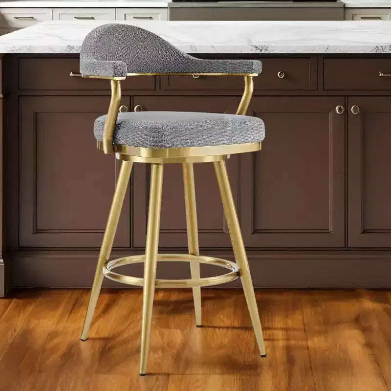 HomeRoots 26 Gray and Gold Fabric and Stainless Steel Counter Height Swivel Bar Chair