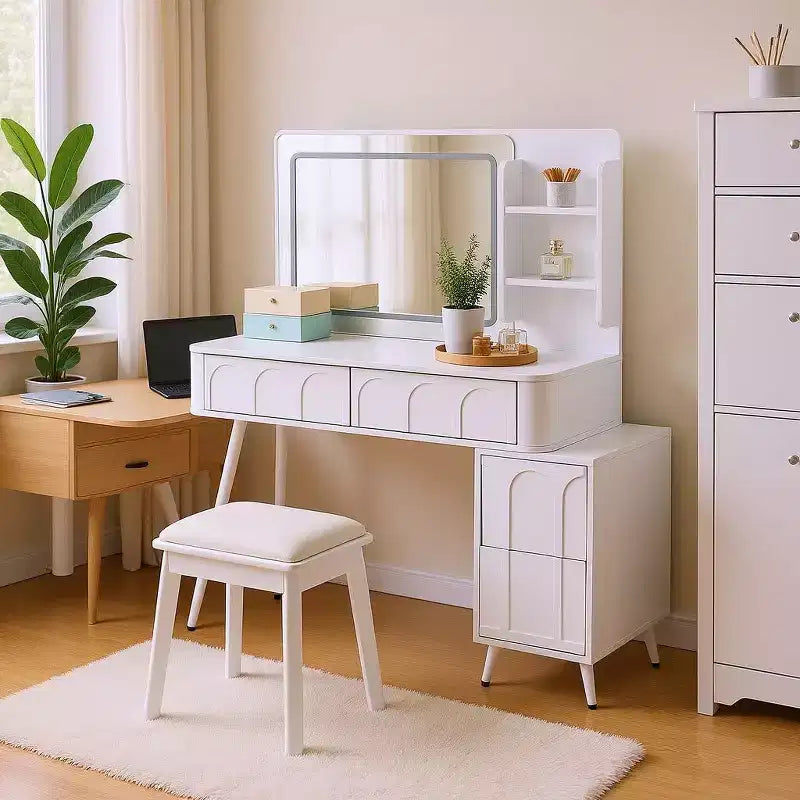 Homy Casa Vanity Desk with LED Mirror; Storage Drawers & Shelf; Stool for Bedroom or Dressing Room; White
