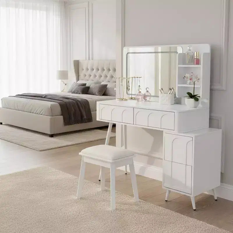 Homy Casa Vanity Desk with LED Mirror; Storage Drawers & Shelf; Stool for Bedroom or Dressing Room; White