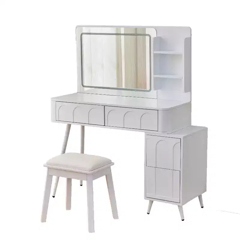 Homy Casa Vanity Desk with LED Mirror; Storage Drawers & Shelf; Stool for Bedroom or Dressing Room; White