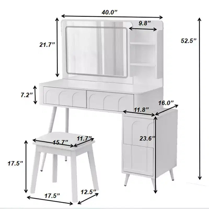 Homy Casa Vanity Desk with LED Mirror; Storage Drawers & Shelf; Stool for Bedroom or Dressing Room; White