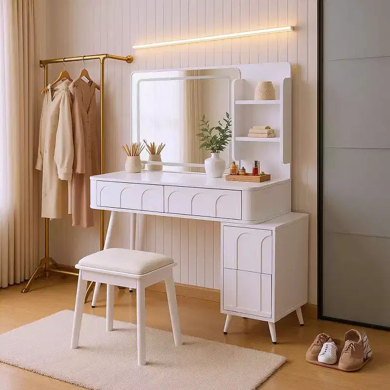 Homy Casa Vanity Desk with LED Mirror; Storage Drawers & Shelf; Stool for Bedroom or Dressing Room; White