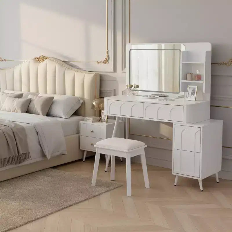Homy Casa Vanity Desk with LED Mirror; Storage Drawers & Shelf; Stool for Bedroom or Dressing Room; White