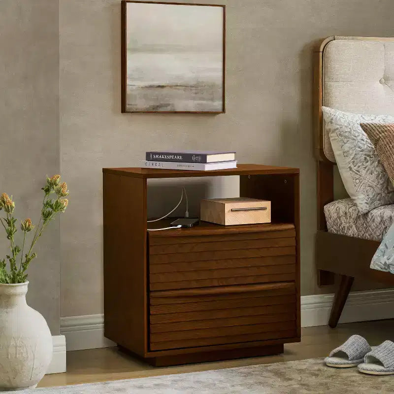 Mid-Century Modern Nightstand with Charging Station; Outlet Hole; 2 Solid Wood Drawers; Open Shelf; End Table for Living Room or Dorm