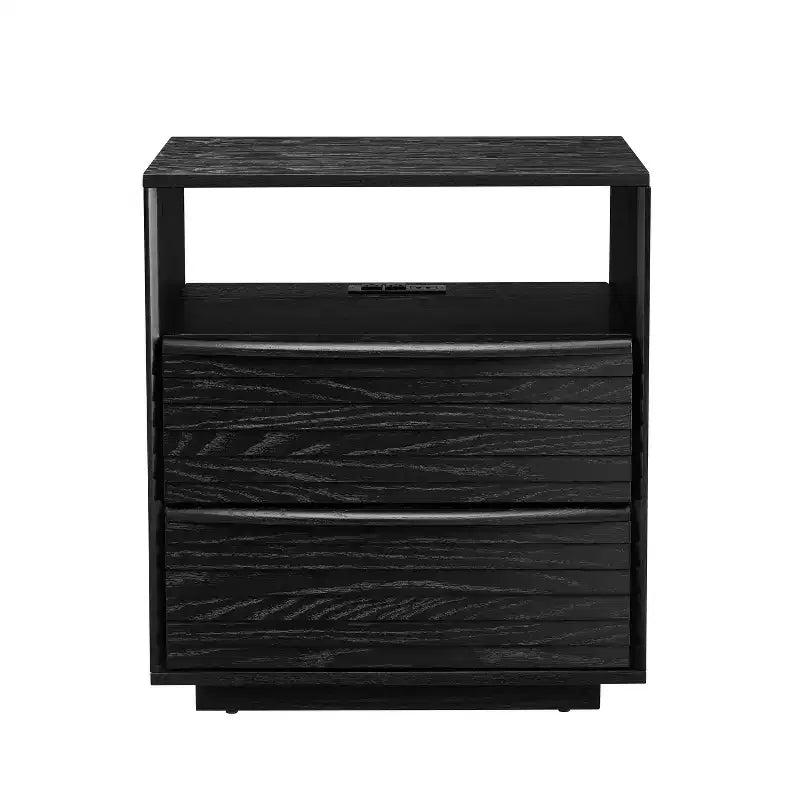 Mid-Century Modern Nightstand with Charging Station; Outlet Hole; 2 Solid Wood Drawers; Open Shelf; End Table for Living Room or Dorm