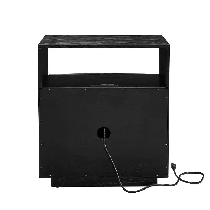 Mid-Century Modern Nightstand with Charging Station; Outlet Hole; 2 Solid Wood Drawers; Open Shelf; End Table for Living Room or Dorm