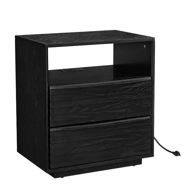 Mid-Century Modern Nightstand with Charging Station; Outlet Hole; 2 Solid Wood Drawers; Open Shelf; End Table for Living Room or Dorm
