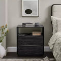 Mid-Century Modern Nightstand with Charging Station; Outlet Hole; 2 Solid Wood Drawers; Open Shelf; End Table for Living Room or Dorm