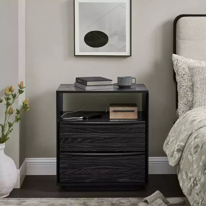 Mid-Century Modern Nightstand with Charging Station; Outlet Hole; 2 Solid Wood Drawers; Open Shelf; End Table for Living Room or Dorm