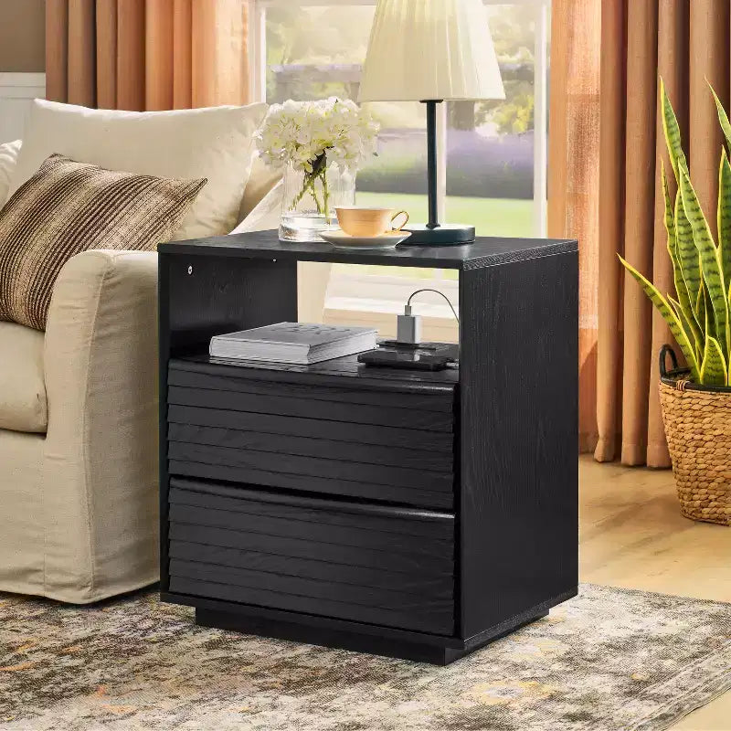 Mid-Century Modern Nightstand with Charging Station; Outlet Hole; 2 Solid Wood Drawers; Open Shelf; End Table for Living Room or Dorm