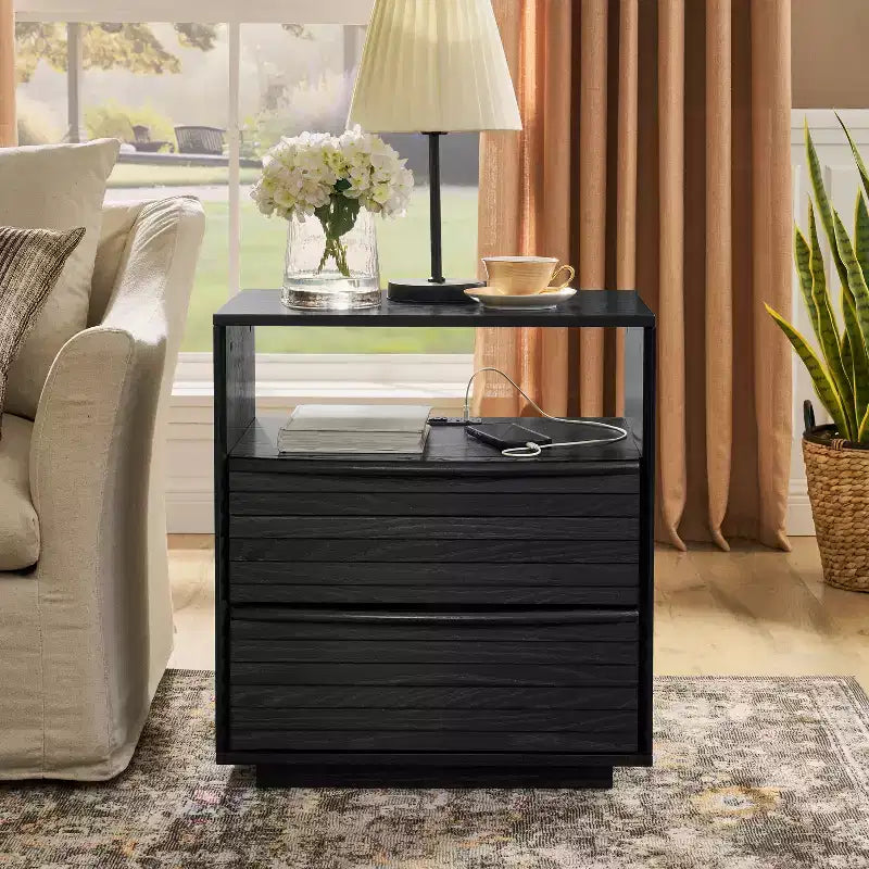 Mid-Century Modern Nightstand with Charging Station; Outlet Hole; 2 Solid Wood Drawers; Open Shelf; End Table for Living Room or Dorm