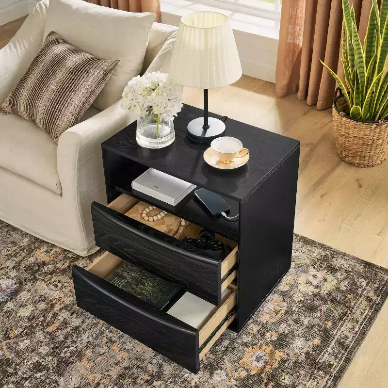 Mid-Century Modern Nightstand with Charging Station; Outlet Hole; 2 Solid Wood Drawers; Open Shelf; End Table for Living Room or Dorm