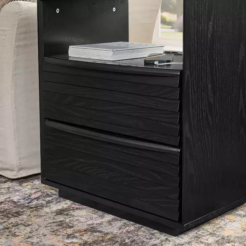 Mid-Century Modern Nightstand with Charging Station; Outlet Hole; 2 Solid Wood Drawers; Open Shelf; End Table for Living Room or Dorm