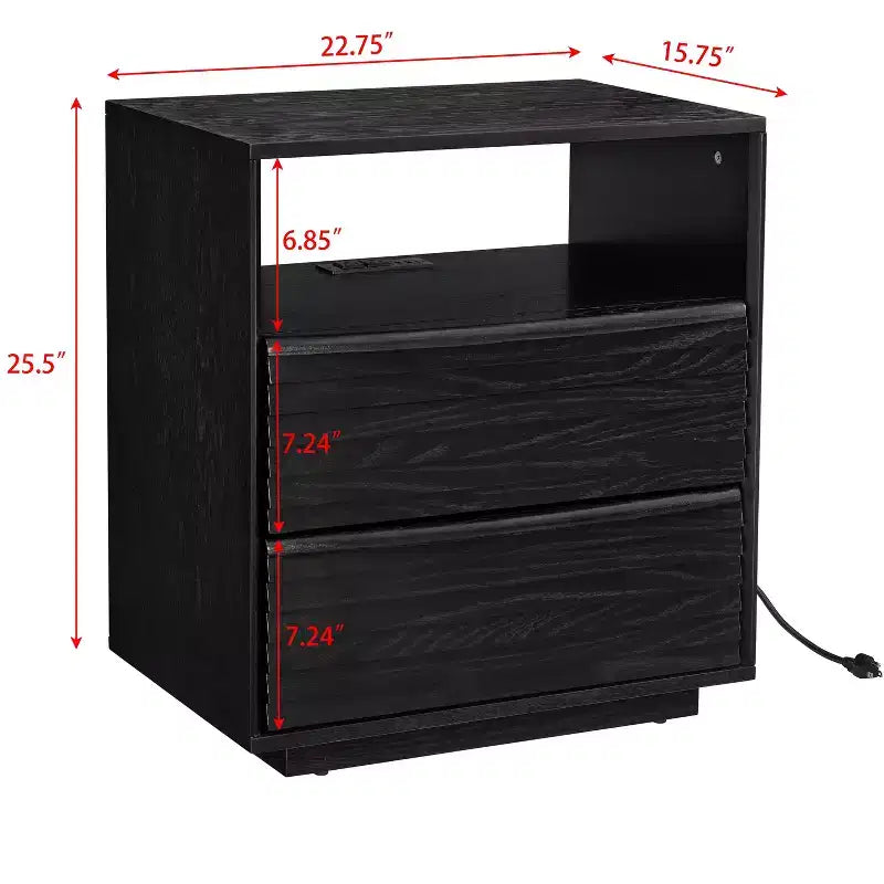 Mid-Century Modern Nightstand with Charging Station; Outlet Hole; 2 Solid Wood Drawers; Open Shelf; End Table for Living Room or Dorm