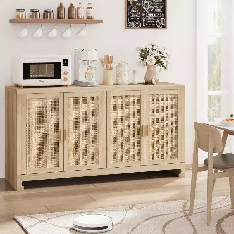 60 Rattan Buffet Cabinet; Storage Sideboard with 4 Doors & Adjustable Shelves; Woven Console Table for Dining Room; Living Room; Entryway