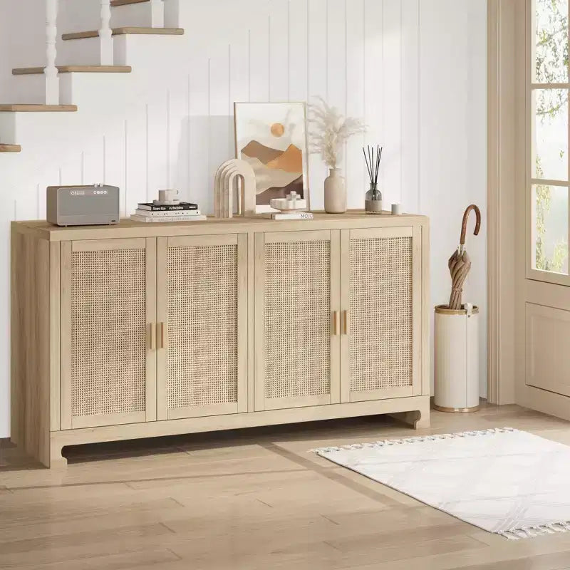 60 Rattan Buffet Cabinet; Storage Sideboard with 4 Doors & Adjustable Shelves; Woven Console Table for Dining Room; Living Room; Entryway