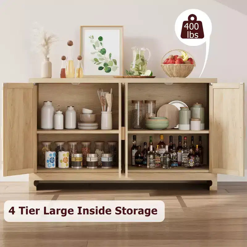 60 Rattan Buffet Cabinet; Storage Sideboard with 4 Doors & Adjustable Shelves; Woven Console Table for Dining Room; Living Room; Entryway