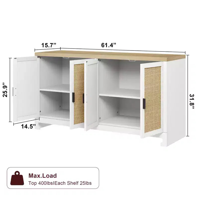 60 Rattan Buffet Cabinet; Storage Sideboard with 4 Doors & Adjustable Shelves; Woven Console Table for Dining Room; Living Room; Entryway