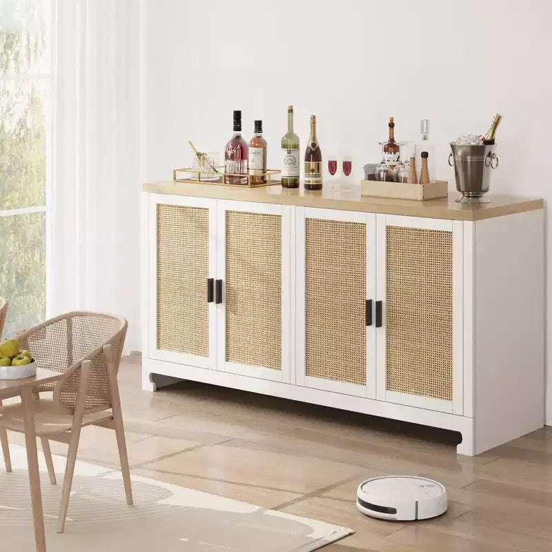 60 Rattan Buffet Cabinet; Storage Sideboard with 4 Doors & Adjustable Shelves; Woven Console Table for Dining Room; Living Room; Entryway