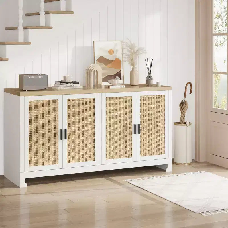 60 Rattan Buffet Cabinet; Storage Sideboard with 4 Doors & Adjustable Shelves; Woven Console Table for Dining Room; Living Room; Entryway