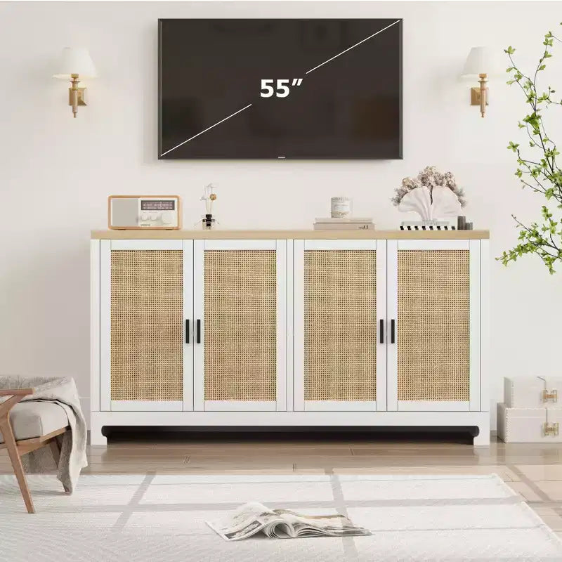 60 Rattan Buffet Cabinet; Storage Sideboard with 4 Doors & Adjustable Shelves; Woven Console Table for Dining Room; Living Room; Entryway
