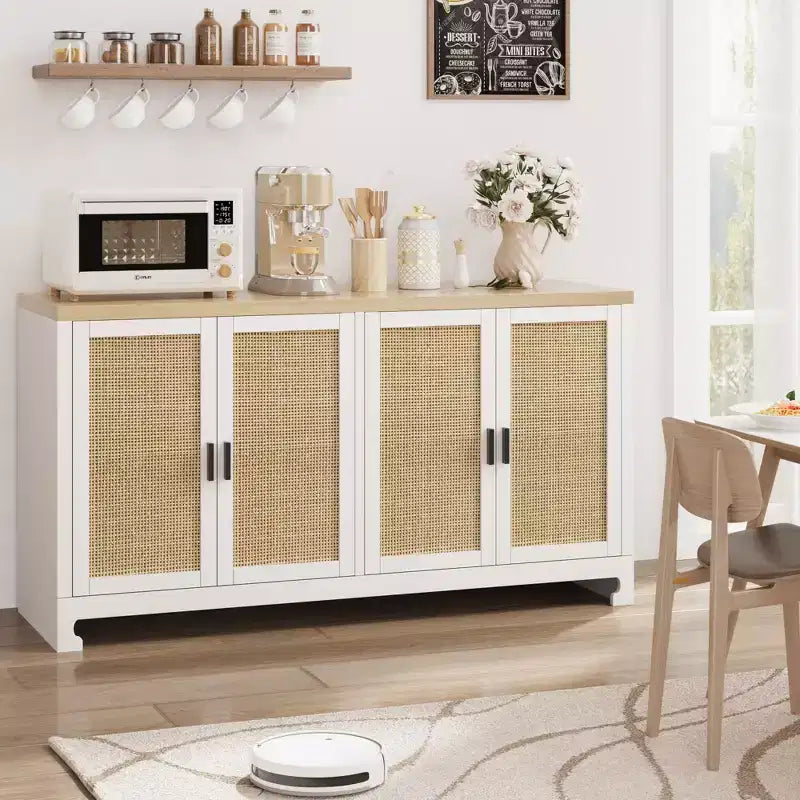 60 Rattan Buffet Cabinet; Storage Sideboard with 4 Doors & Adjustable Shelves; Woven Console Table for Dining Room; Living Room; Entryway