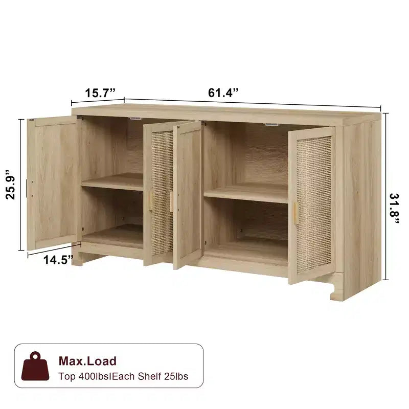 60 Rattan Buffet Cabinet; Storage Sideboard with 4 Doors & Adjustable Shelves; Woven Console Table for Dining Room; Living Room; Entryway
