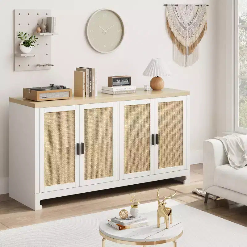 60 Rattan Buffet Cabinet; Storage Sideboard with 4 Doors & Adjustable Shelves; Woven Console Table for Dining Room; Living Room; Entryway