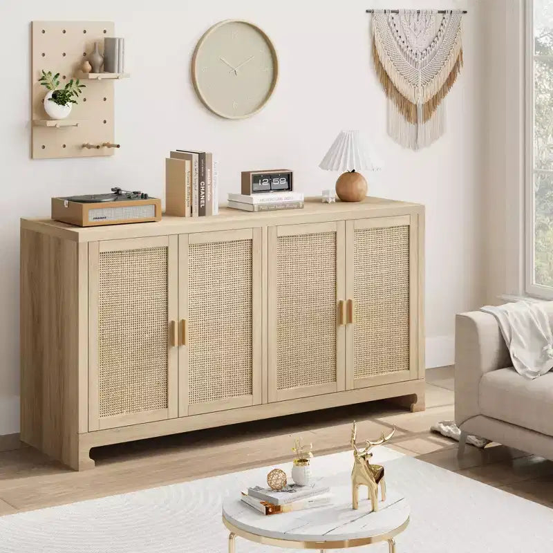 60 Rattan Buffet Cabinet; Storage Sideboard with 4 Doors & Adjustable Shelves; Woven Console Table for Dining Room; Living Room; Entryway