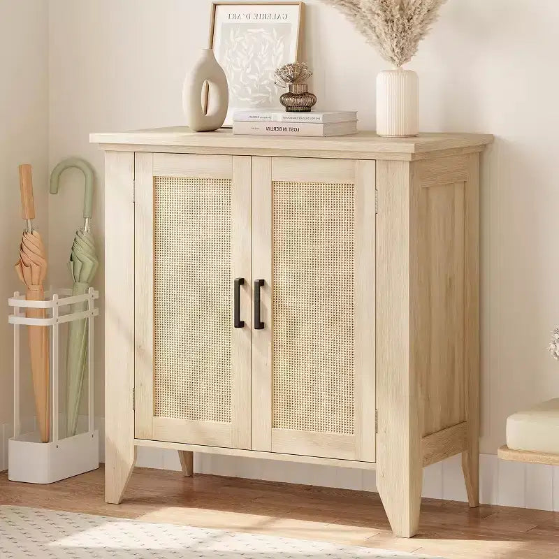 Rattan Sideboard Buffet Cabinet; Small Storage Cabinet with Doors and Shelves; Wood Accent Console Cabinet for Living Room; Dining Room; Kitchen