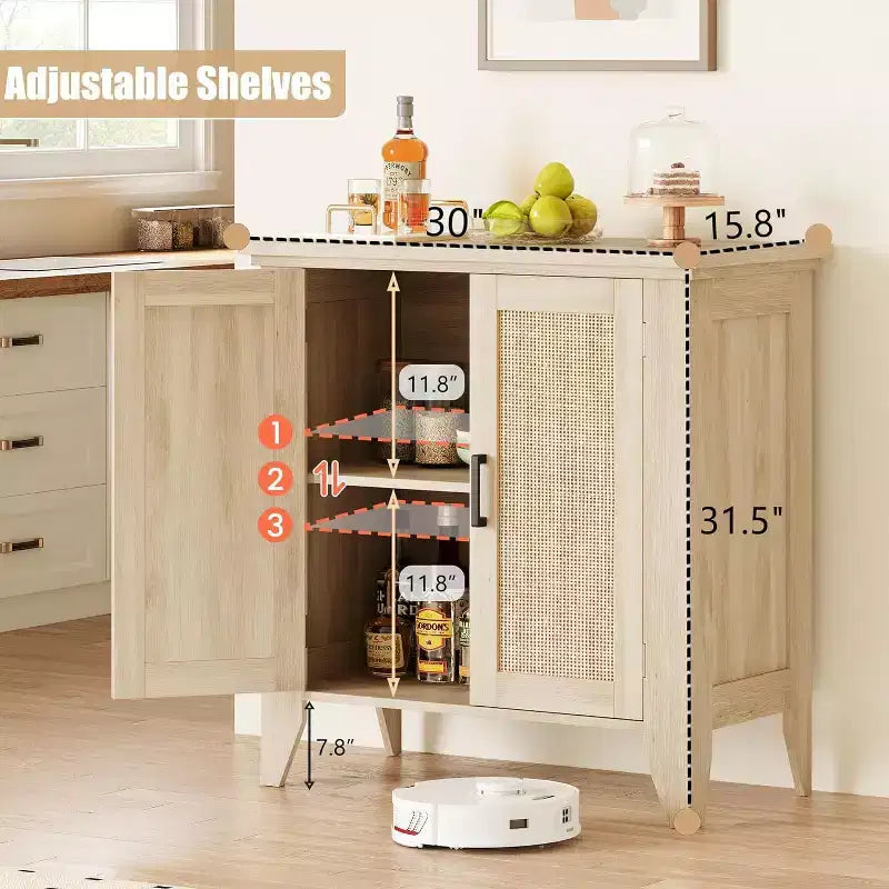 Rattan Sideboard Buffet Cabinet; Small Storage Cabinet with Doors and Shelves; Wood Accent Console Cabinet for Living Room; Dining Room; Kitchen