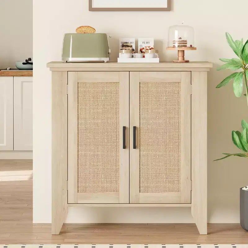 Rattan Sideboard Buffet Cabinet; Small Storage Cabinet with Doors and Shelves; Wood Accent Console Cabinet for Living Room; Dining Room; Kitchen