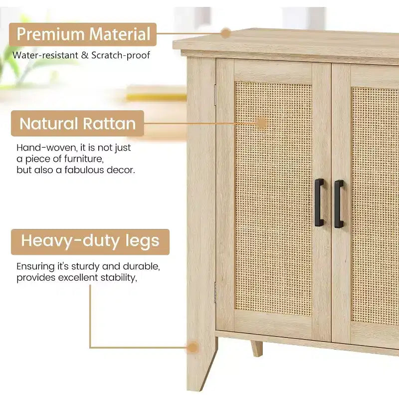 Rattan Sideboard Buffet Cabinet; Small Storage Cabinet with Doors and Shelves; Wood Accent Console Cabinet for Living Room; Dining Room; Kitchen