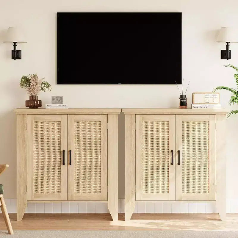 Rattan Sideboard Buffet Cabinet; Small Storage Cabinet with Doors and Shelves; Wood Accent Console Cabinet for Living Room; Dining Room; Kitchen