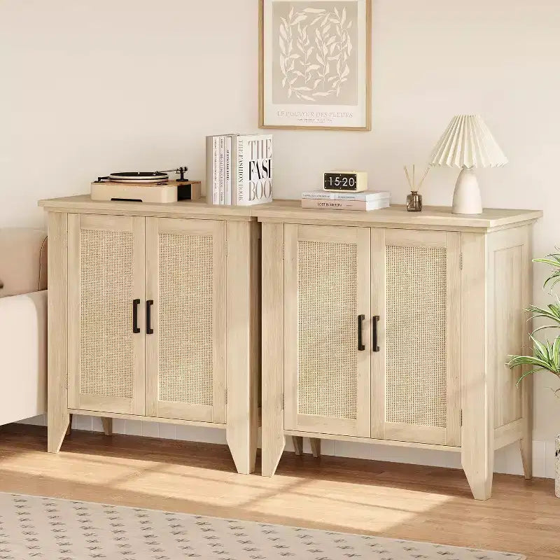 Rattan Sideboard Buffet Cabinet; Small Storage Cabinet with Doors and Shelves; Wood Accent Console Cabinet for Living Room; Dining Room; Kitchen