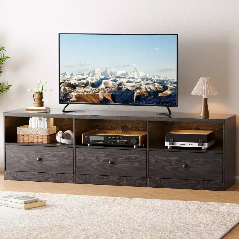 70 Inch Tvs Stand for Up to 80 Inch TVWooden Media Console with 3 Storage Drawers and 3 Open Shelves for Living Room Bedroom