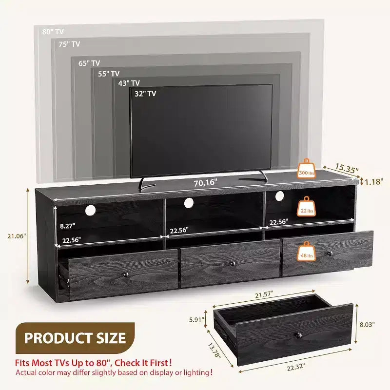 70 Inch Tvs Stand for Up to 80 Inch TVWooden Media Console with 3 Storage Drawers and 3 Open Shelves for Living Room Bedroom