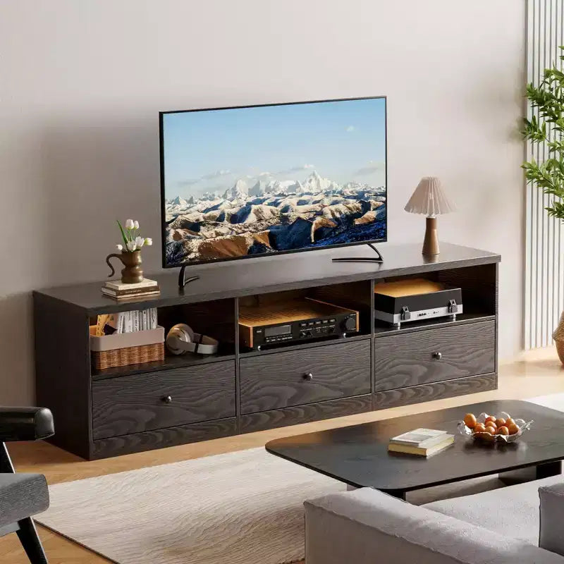 70 Inch Tvs Stand for Up to 80 Inch TVWooden Media Console with 3 Storage Drawers and 3 Open Shelves for Living Room Bedroom