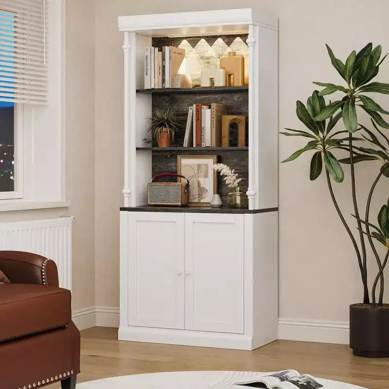 Coolmee 5 Tier Tall Adjustable Display Bookcase; Roman Column Bookshelf with Led Light; Open Shelves & Dual-Door Storage Cabinet for Home Office