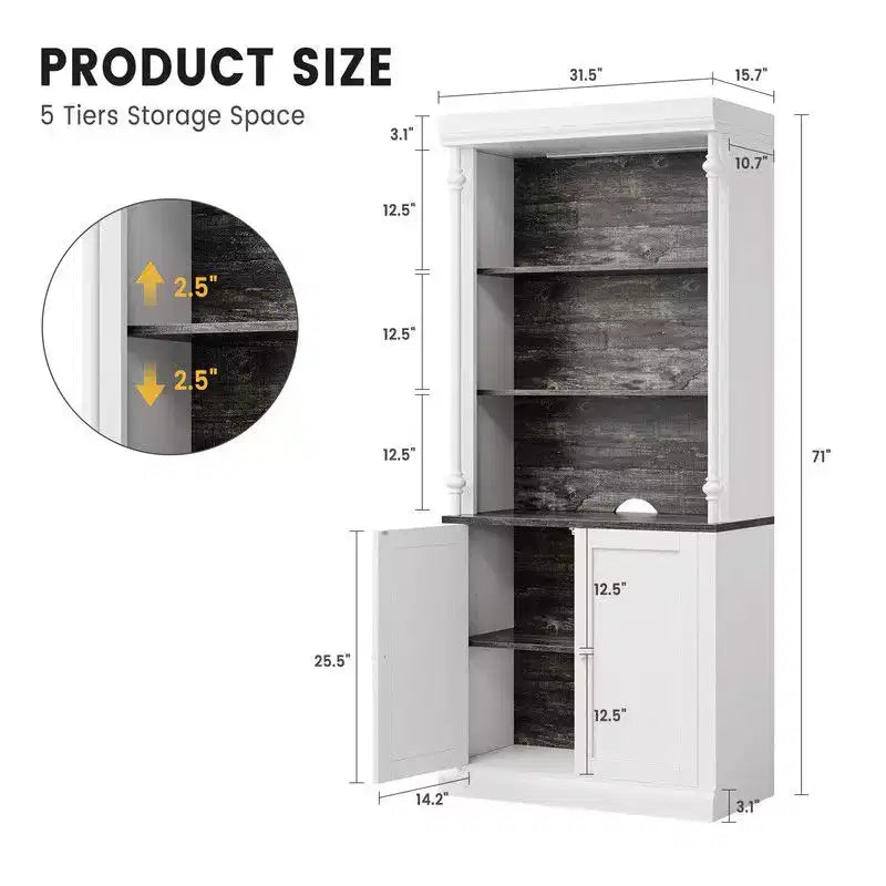 Coolmee 5 Tier Tall Adjustable Display Bookcase; Roman Column Bookshelf with Led Light; Open Shelves & Dual-Door Storage Cabinet for Home Office
