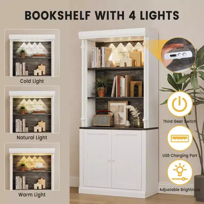 Coolmee 5 Tier Tall Adjustable Display Bookcase; Roman Column Bookshelf with Led Light; Open Shelves & Dual-Door Storage Cabinet for Home Office