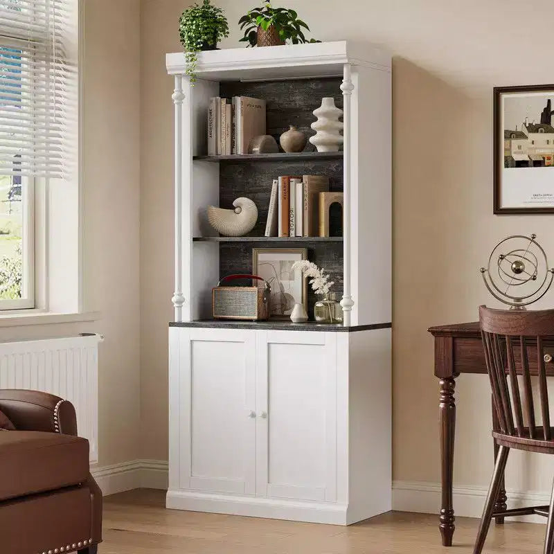 Coolmee 5 Tier Tall Adjustable Display Bookcase; Roman Column Bookshelf with Led Light; Open Shelves & Dual-Door Storage Cabinet for Home Office