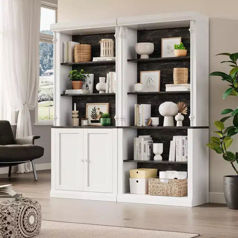 Coolmee 5 Tier Tall Adjustable Display Bookcase; Roman Column Bookshelf with Led Light; Open Shelves & Dual-Door Storage Cabinet for Home Office