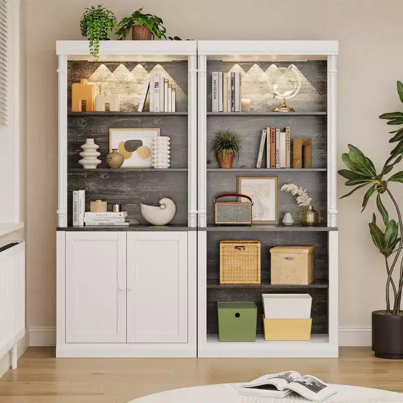 Coolmee 5 Tier Tall Adjustable Display Bookcase; Roman Column Bookshelf with Led Light; Open Shelves & Dual-Door Storage Cabinet for Home Office