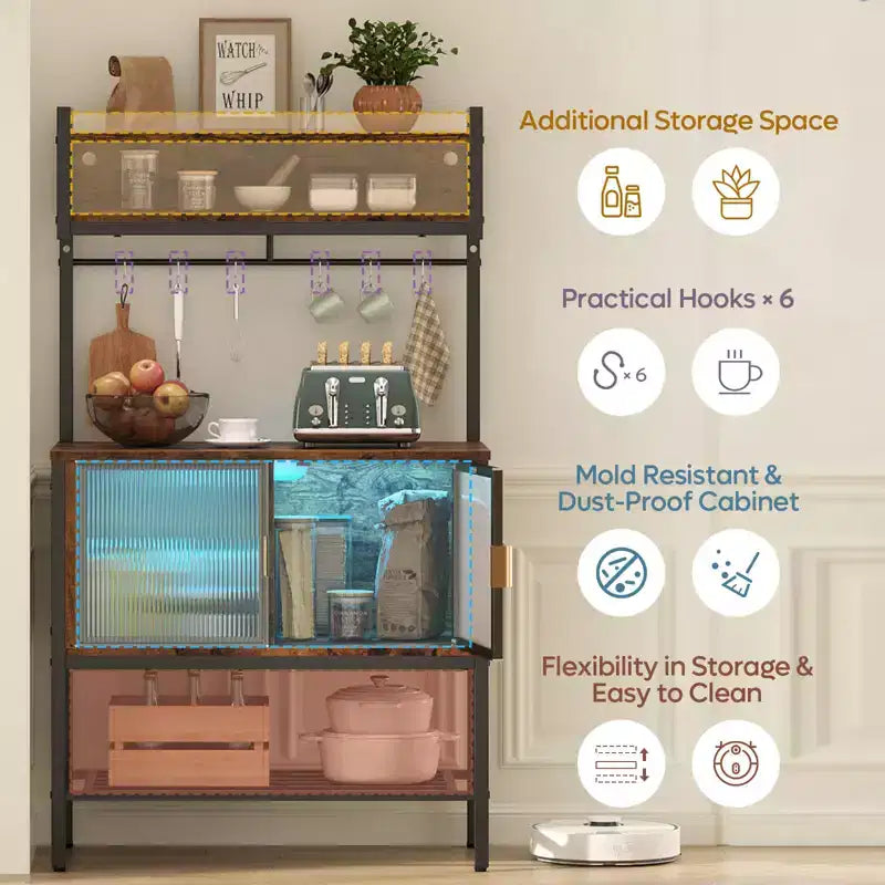 Bestier 5-Tier Microwave Stand with Storage Cabinets & LED; Kitchen Bakers Rack with Hutch & Hooks; 59 Coffee Bar Station with Open Storage Shelves